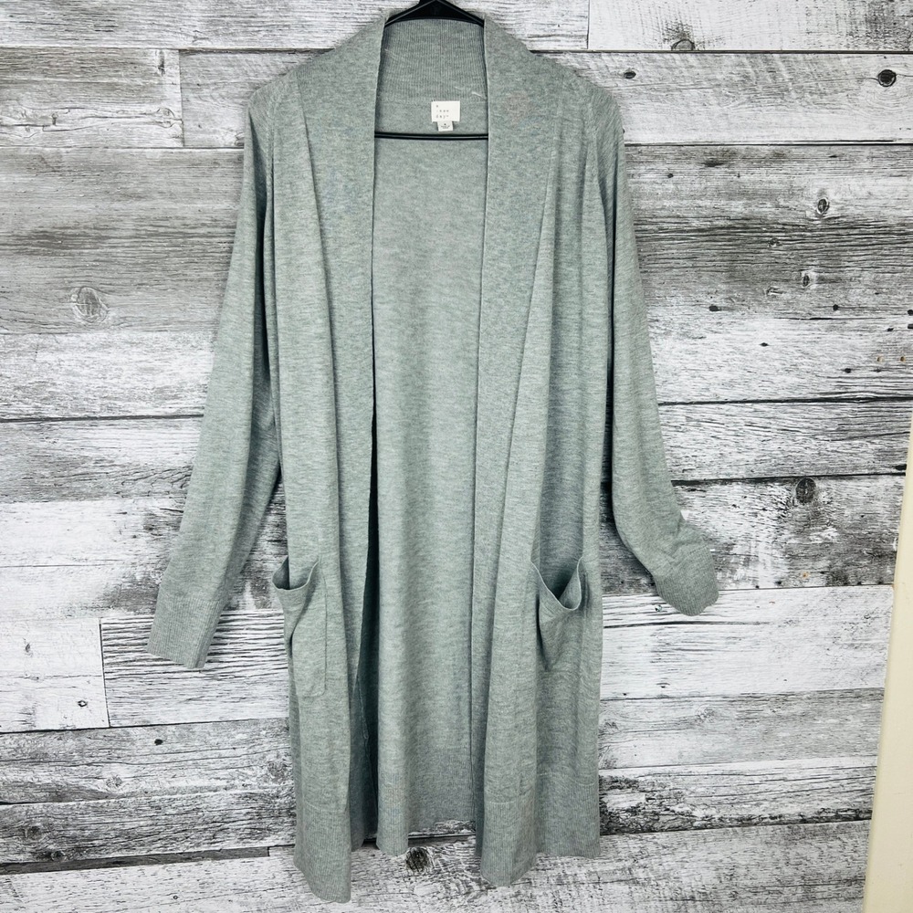 A New Day Gray Long Sleeve Open Front Cardigan Sweater Womens S Wool Blend Pockt